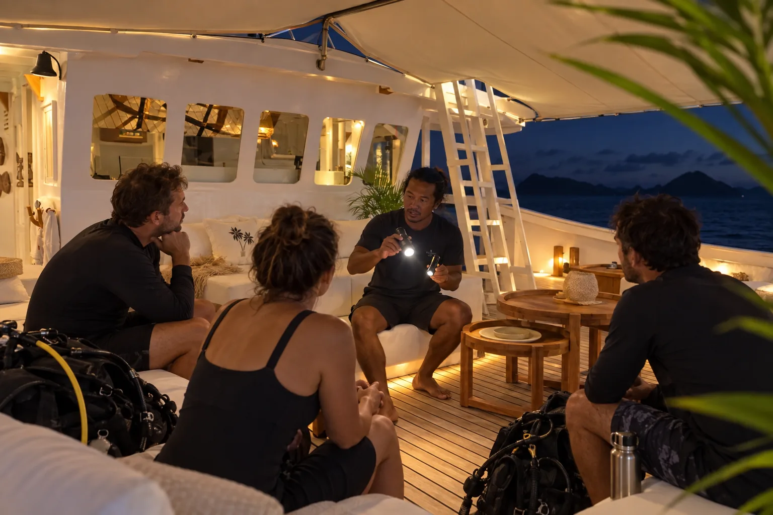 Night dive safety briefing on the Aliikai Voyage upper deck