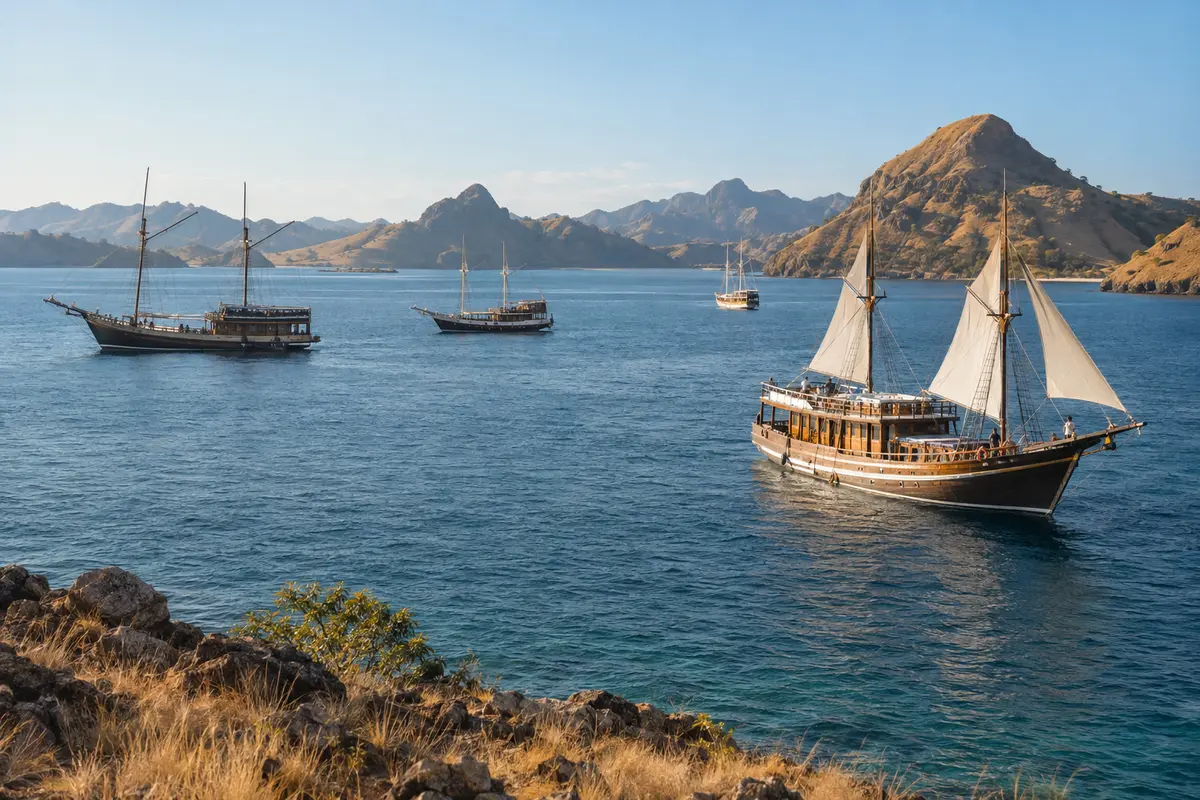 Several traditional phinisi liveaboards sailing among dry Komodo hills