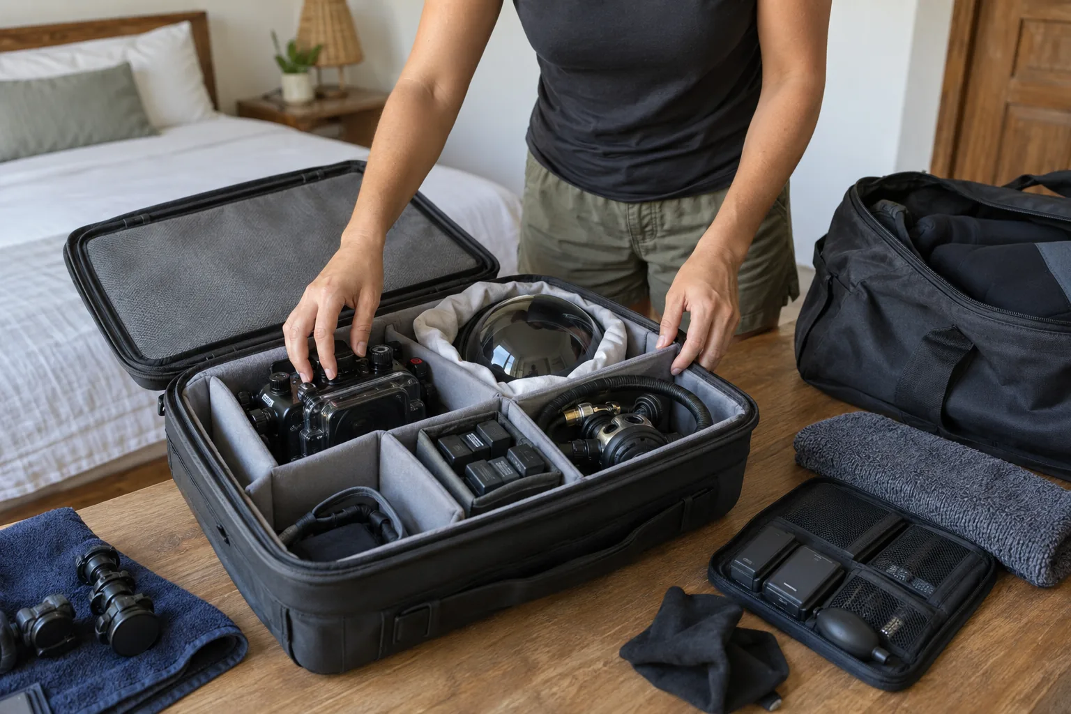 Underwater camera and dive gear packed in a padded carry-on case