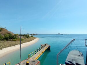 Blue water and hills surrounding Poto Tano Harbour, the Sumbawa end of the Kayangan ferry route