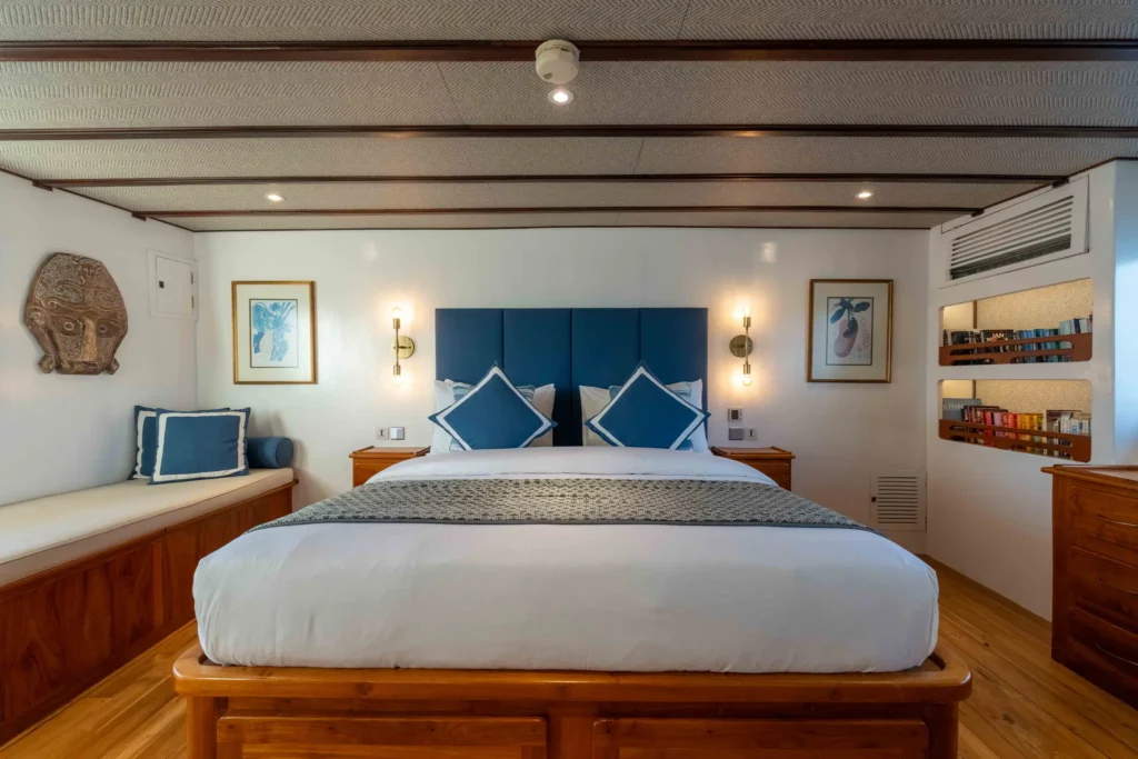Rascal Cabin four with king bed and bright above-deck interior