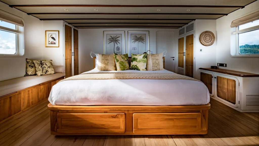 Rascal upper-deck master cabin with king bed and ocean views