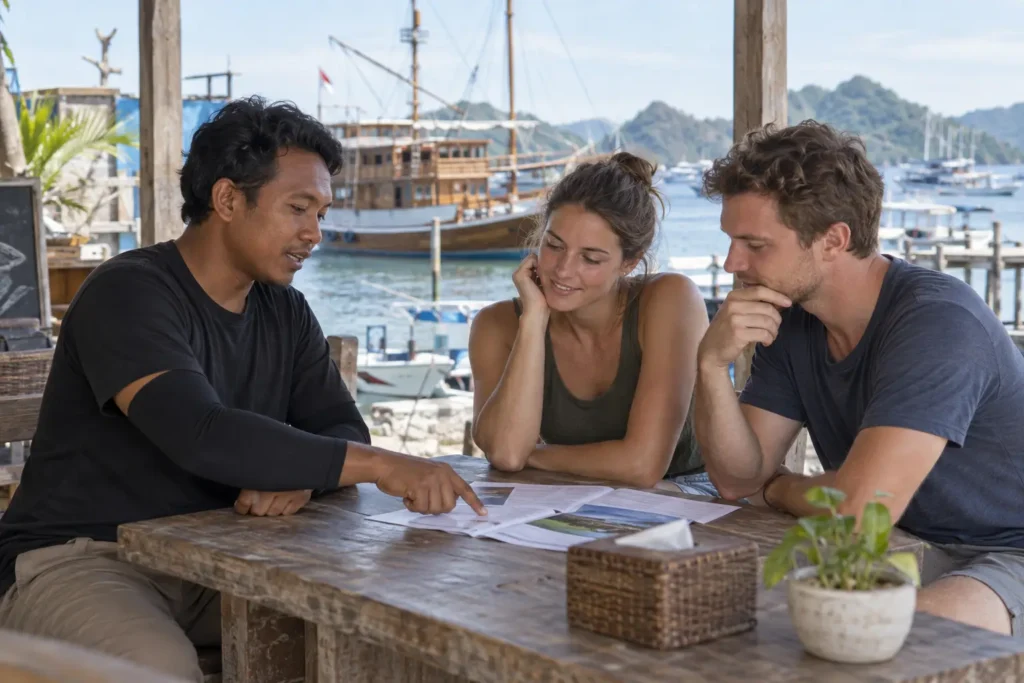 Travelers reviewing a Komodo itinerary and fee checklist with a local coordinator in Labuan Bajo