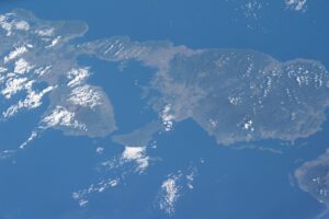 Orbital view of Saleh Bay and the northern Sumbawa coastline