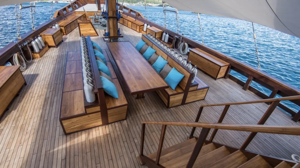 Covered sun deck lounge aboard Samambaia