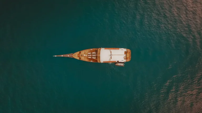 Aerial view of Samsara Samudra phinisi sailing in Indonesia