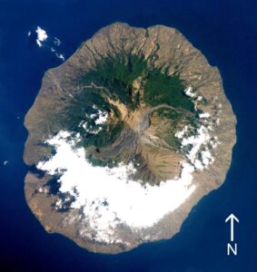 Satellite photograph showing Sangeang Island and its volcanic landforms