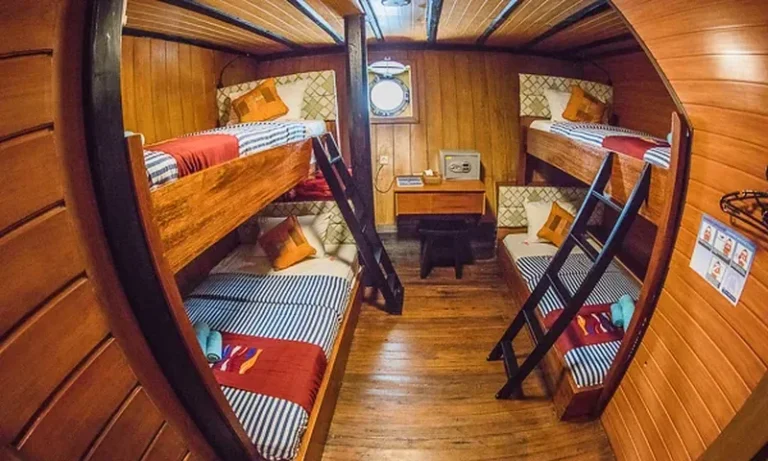Wooden four-guest cabin with two bunk beds and a small desk aboard Sea Safari eight