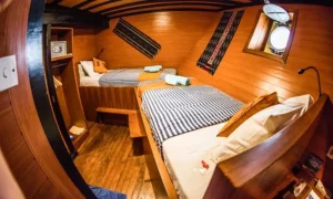 Lower deck twin cabin with two beds, wooden walls and a porthole aboard Sea Safari eight