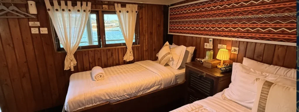 Main deck double and twin cabins with ensuite bathroom aboard Seamore Papua