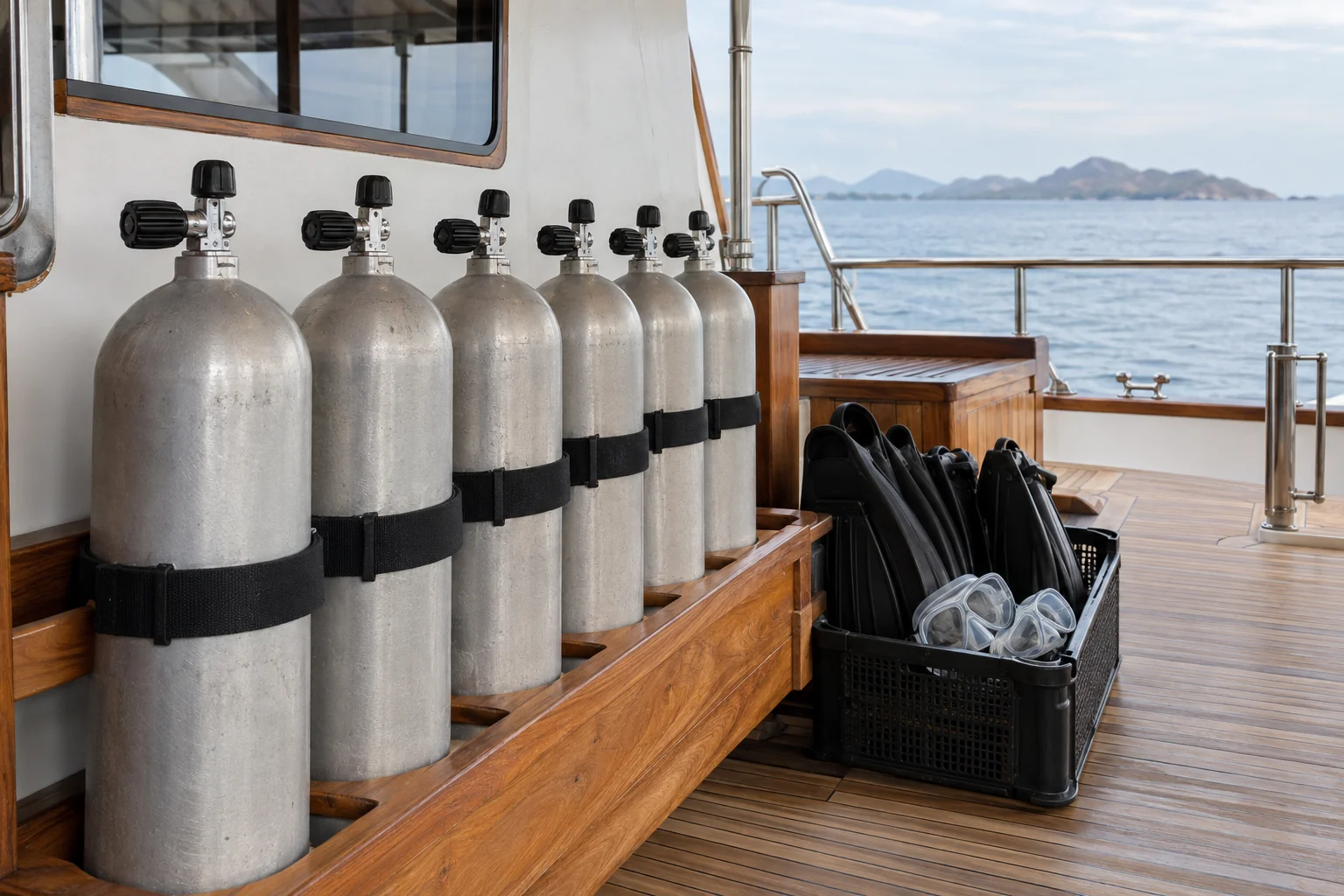 Scuba cylinders secured in a rack beside fins and masks