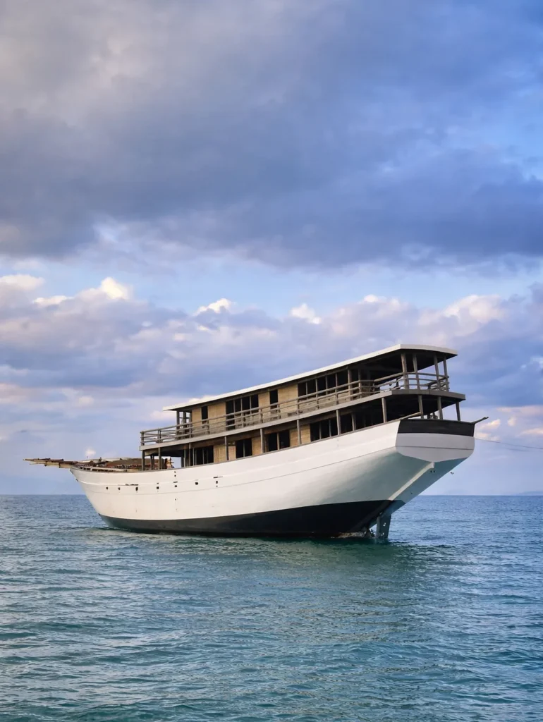 Sejiwa phinisi with white hull at anchor on calm sea under a cloudy sky