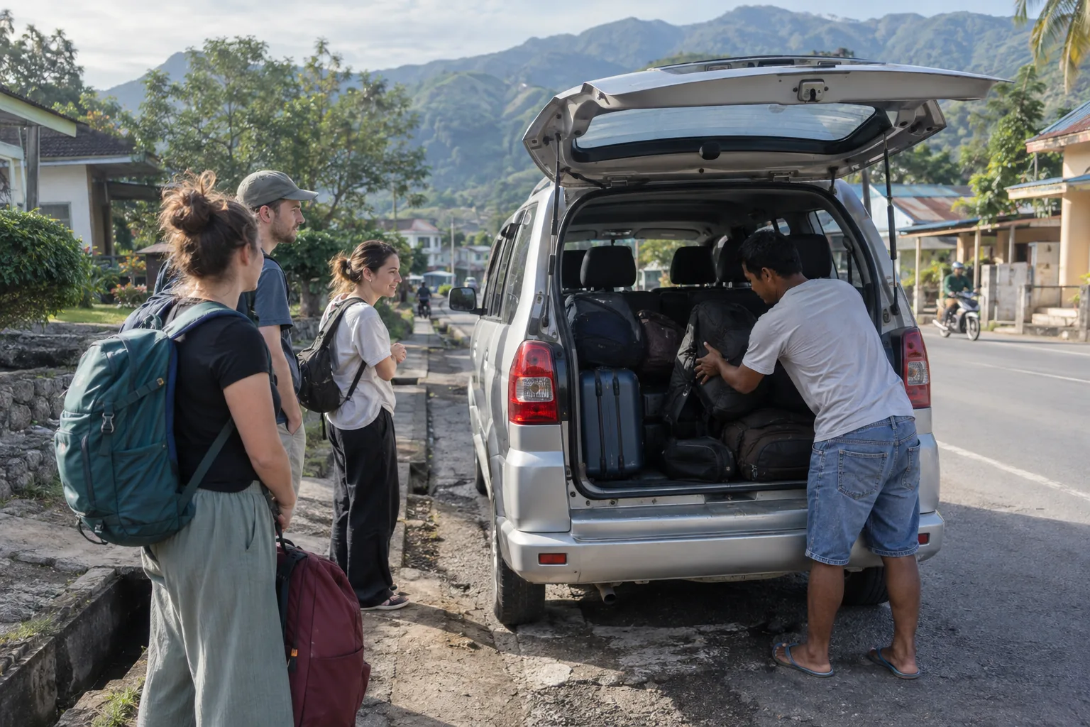 Passengers boarding a shared shuttle for the journey toward Ruteng