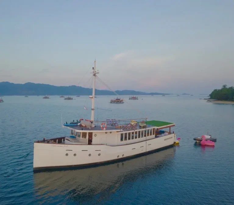 Aerial view of Splendour classic wooden yacht in Komodo