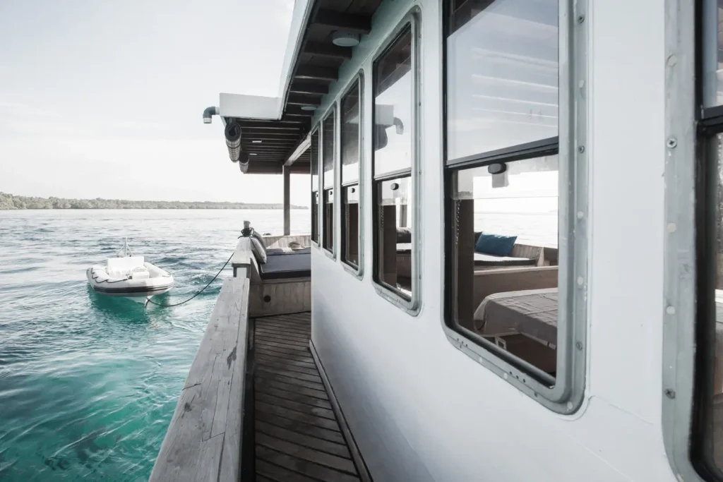 Sea-level side deck and tender aboard Splendour yacht