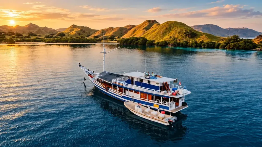 Aerial view of Tatawa liveaboard beside the green hills of Komodo at sunset